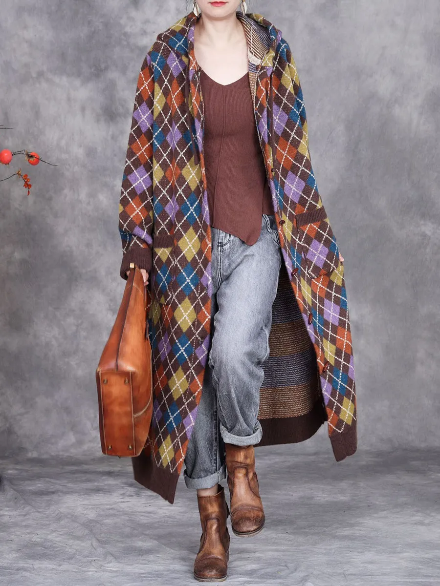 Women Winter Rhomboid Knitted Hooded Coat