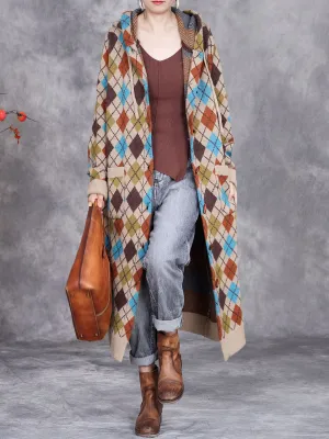 Women Winter Rhomboid Knitted Hooded Coat