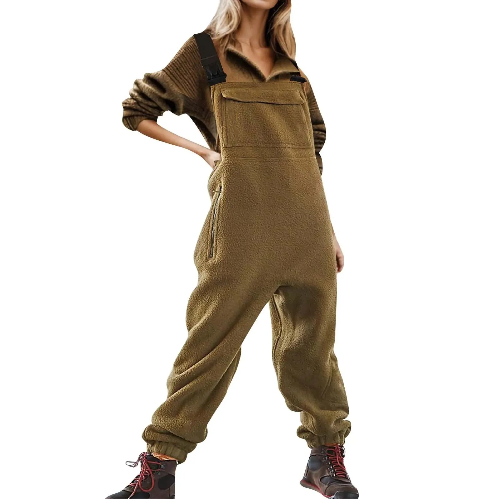 Womens Fleece Overalls One-Piece Bibs Jumpsuits Adjustable Suspender Straps Warm Winter Fuzzy Ski Pants