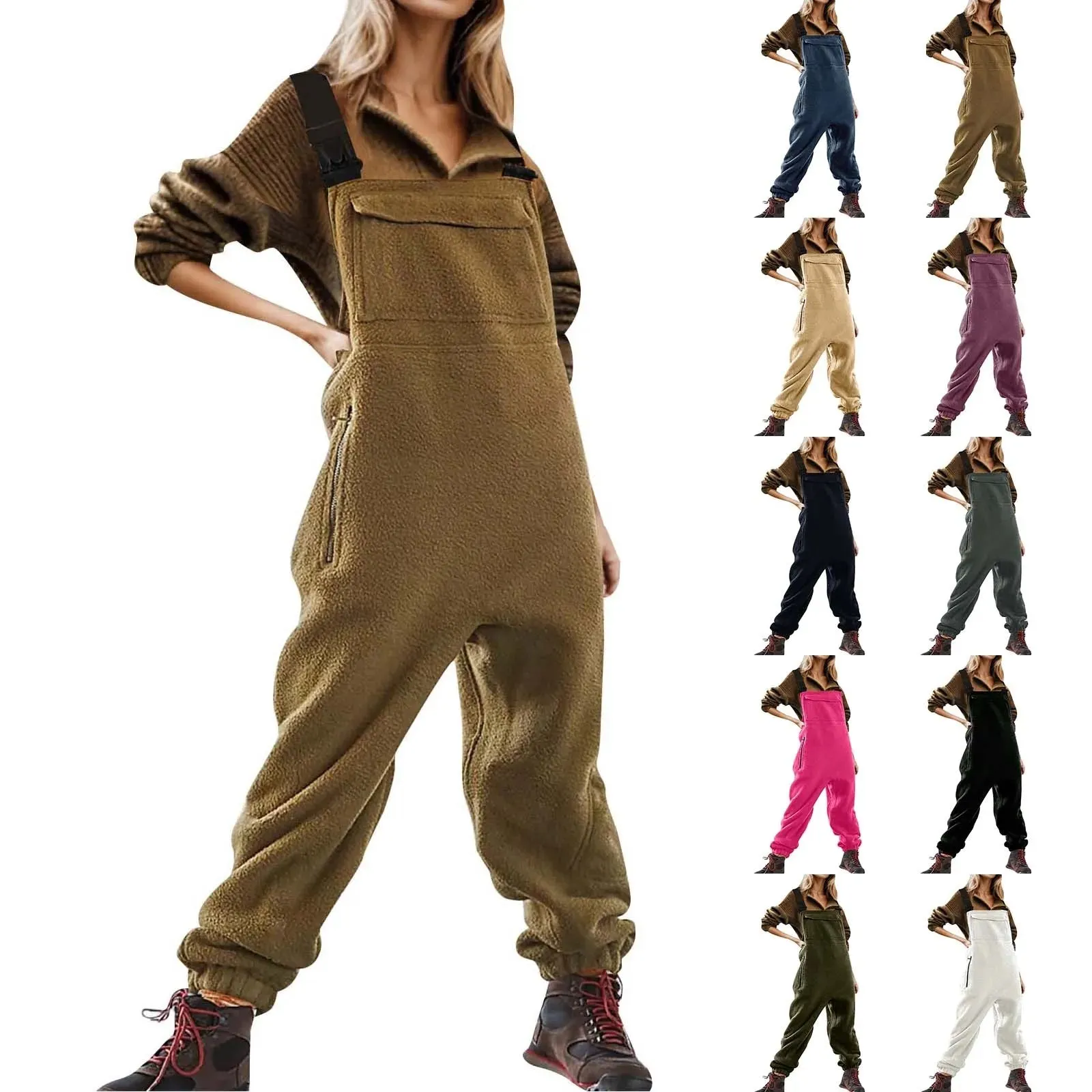 Womens Fleece Overalls One-Piece Bibs Jumpsuits Adjustable Suspender Straps Warm Winter Fuzzy Ski Pants