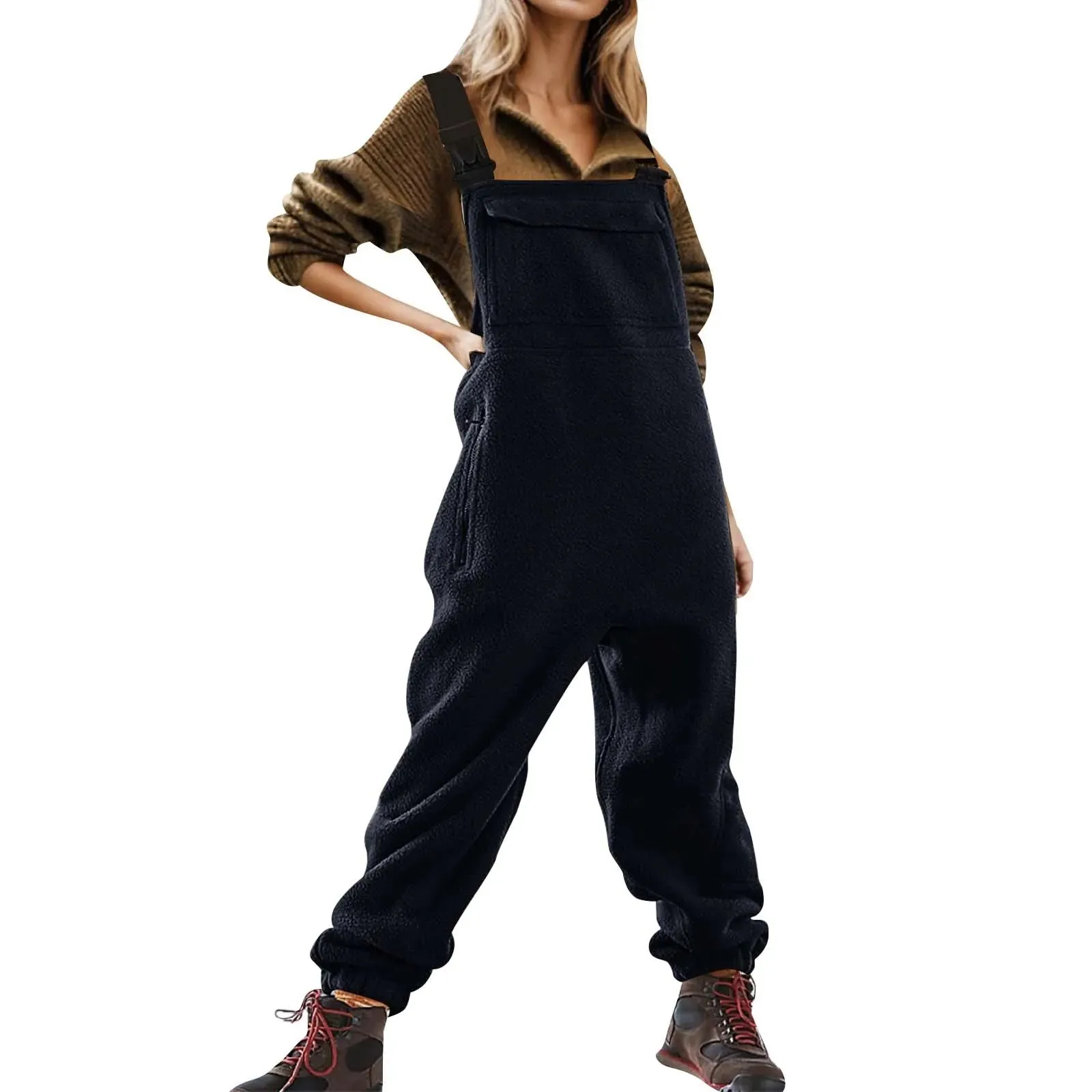 Womens Fleece Overalls One-Piece Bibs Jumpsuits Adjustable Suspender Straps Warm Winter Fuzzy Ski Pants
