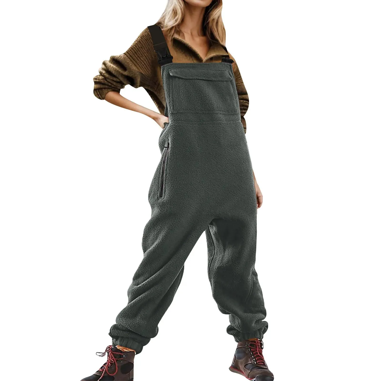 Womens Fleece Overalls One-Piece Bibs Jumpsuits Adjustable Suspender Straps Warm Winter Fuzzy Ski Pants