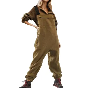 Womens Fleece Overalls One-Piece Bibs Jumpsuits Adjustable Suspender Straps Warm Winter Fuzzy Ski Pants