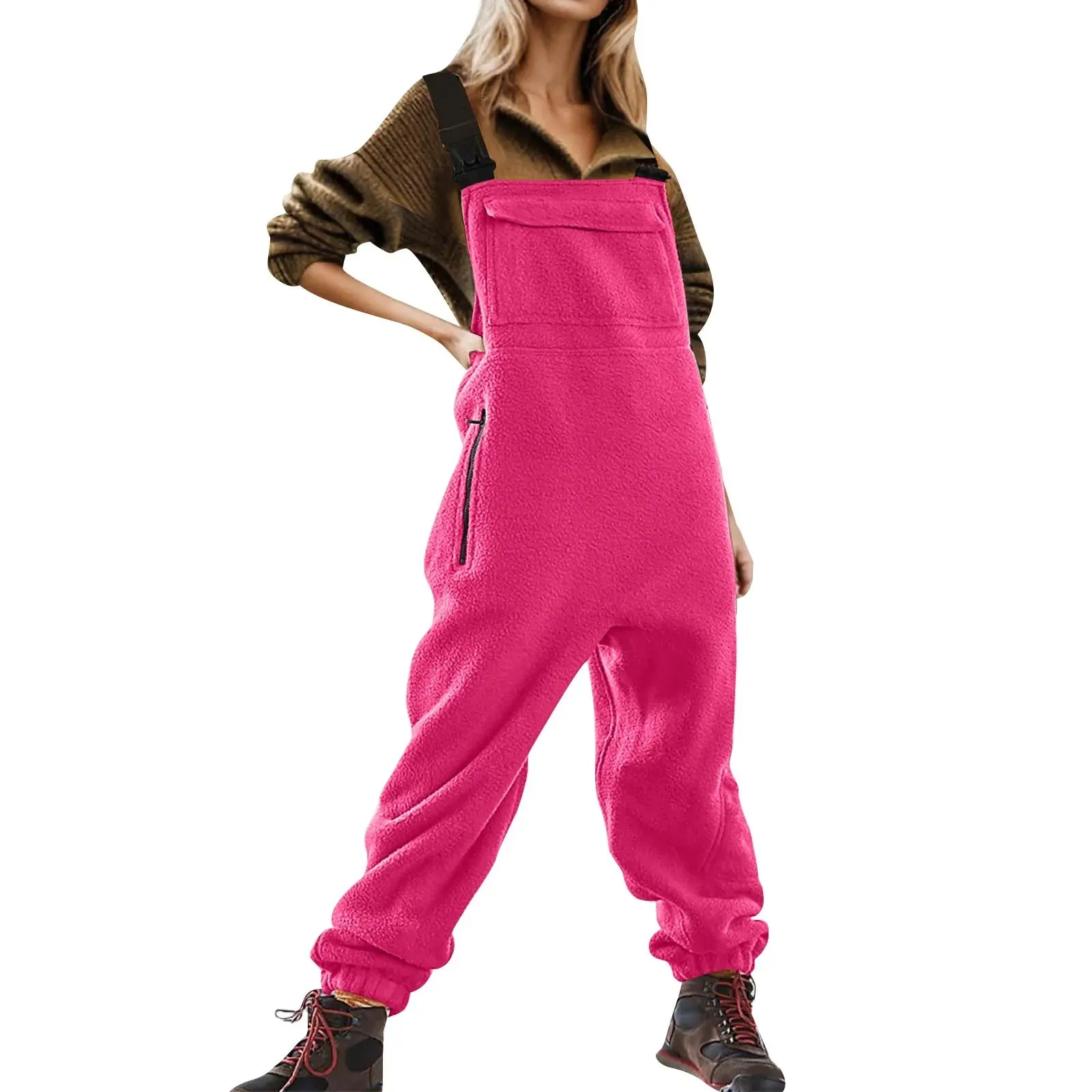 Womens Fleece Overalls One-Piece Bibs Jumpsuits Adjustable Suspender Straps Warm Winter Fuzzy Ski Pants