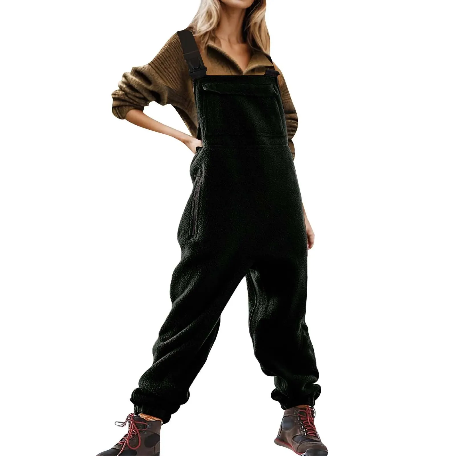 Womens Fleece Overalls One-Piece Bibs Jumpsuits Adjustable Suspender Straps Warm Winter Fuzzy Ski Pants
