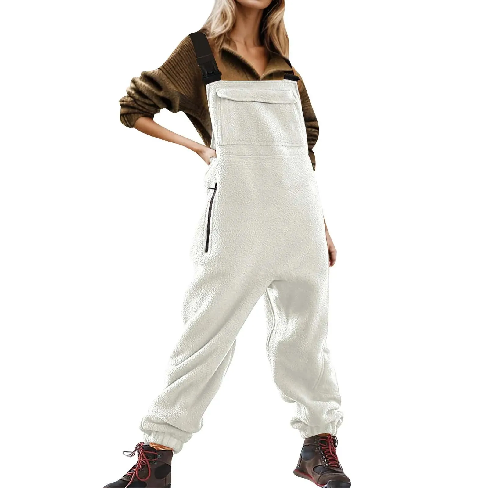 Womens Fleece Overalls One-Piece Bibs Jumpsuits Adjustable Suspender Straps Warm Winter Fuzzy Ski Pants
