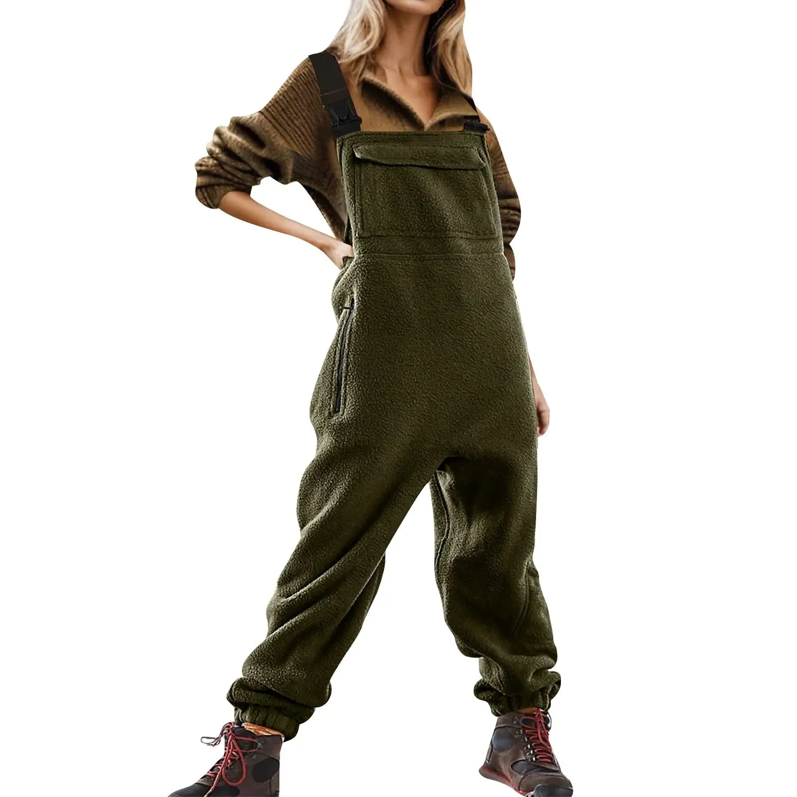 Womens Fleece Overalls One-Piece Bibs Jumpsuits Adjustable Suspender Straps Warm Winter Fuzzy Ski Pants