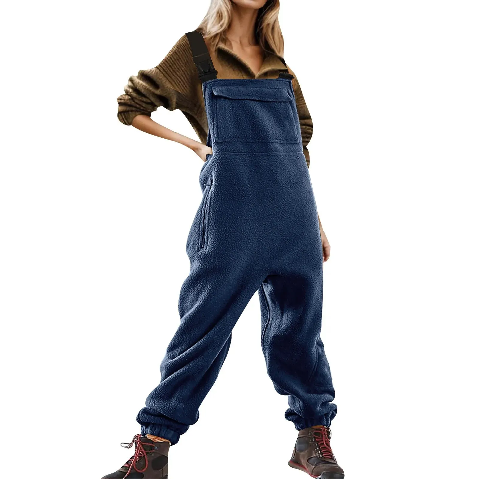 Womens Fleece Overalls One-Piece Bibs Jumpsuits Adjustable Suspender Straps Warm Winter Fuzzy Ski Pants