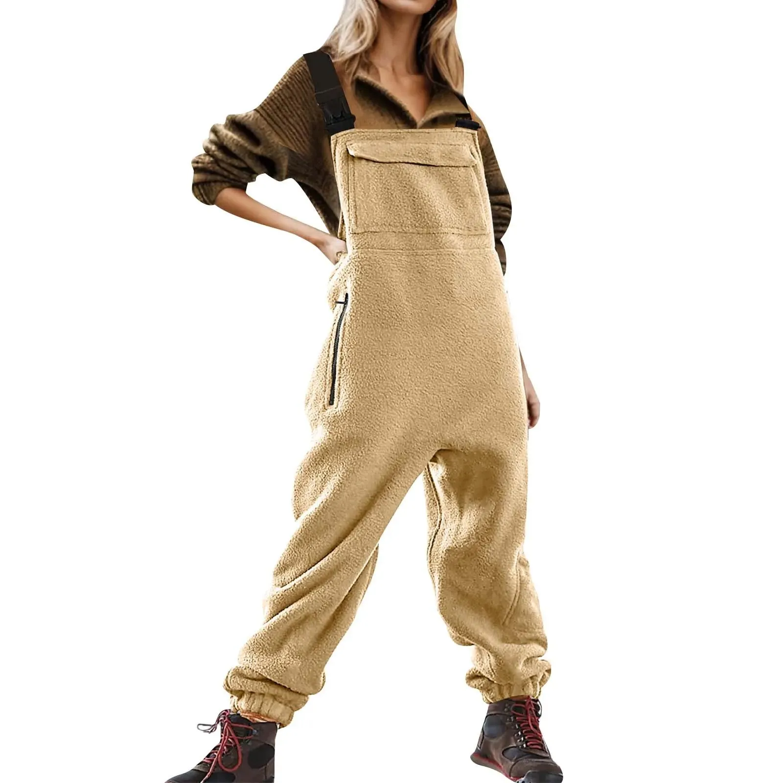 Womens Fleece Overalls One-Piece Bibs Jumpsuits Adjustable Suspender Straps Warm Winter Fuzzy Ski Pants