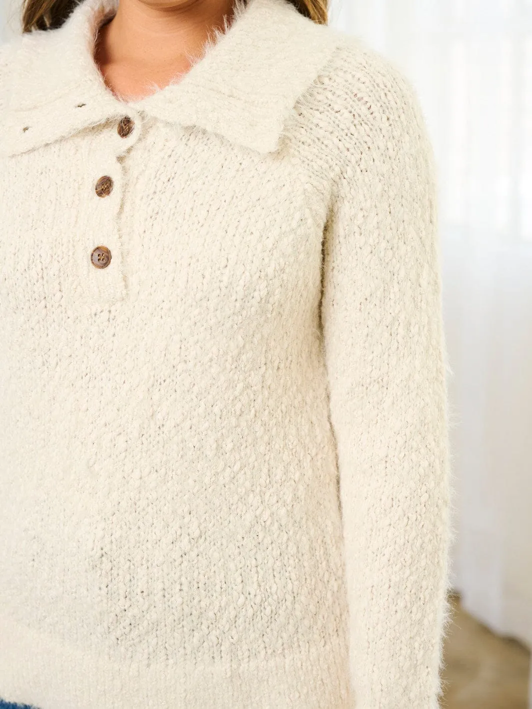 WOMEN'S LONG SLEEVE BUTTON CLOSURE FUZZY PULLOVER SWEATER