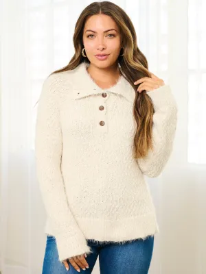 WOMEN'S LONG SLEEVE BUTTON CLOSURE FUZZY PULLOVER SWEATER