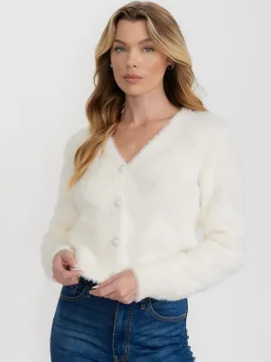 WOMEN'S LONG SLEEVE BUTTON CLOSURE FUZZY SWEATER