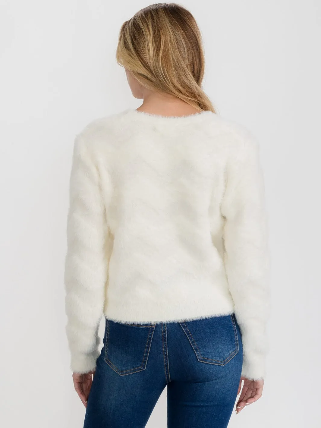 WOMEN'S LONG SLEEVE BUTTON CLOSURE FUZZY SWEATER