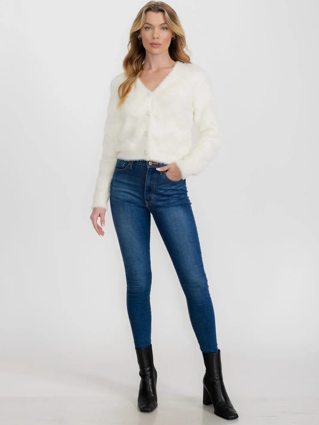 WOMEN'S LONG SLEEVE BUTTON CLOSURE FUZZY SWEATER
