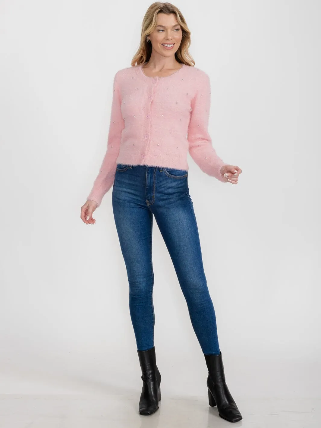 WOMEN'S LONG SLEEVE BUTTON UP FUZZY STUDS SWEATER