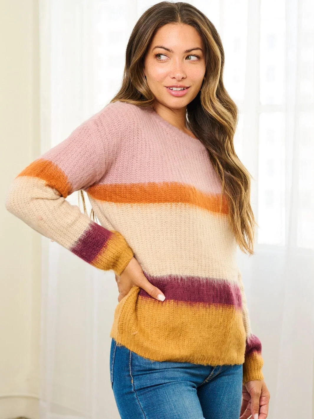 WOMEN'S LONG SLEEVE COLORBLOCK KNIT PULLOVER SWEATER
