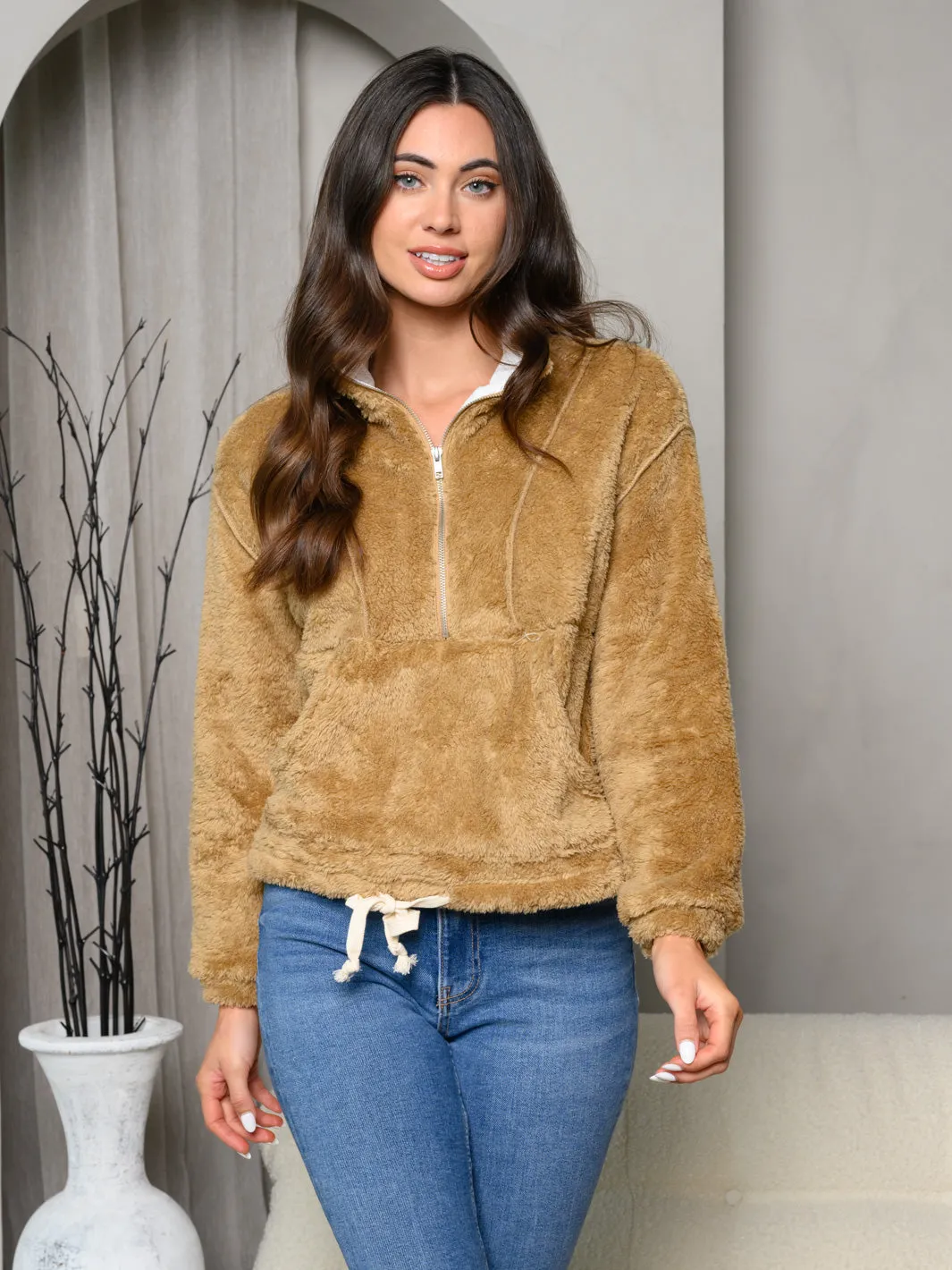 WOMEN'S LONG SLEEVE FRONT POCKET TEDDY SWEATER