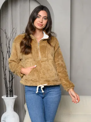 WOMEN'S LONG SLEEVE FRONT POCKET TEDDY SWEATER