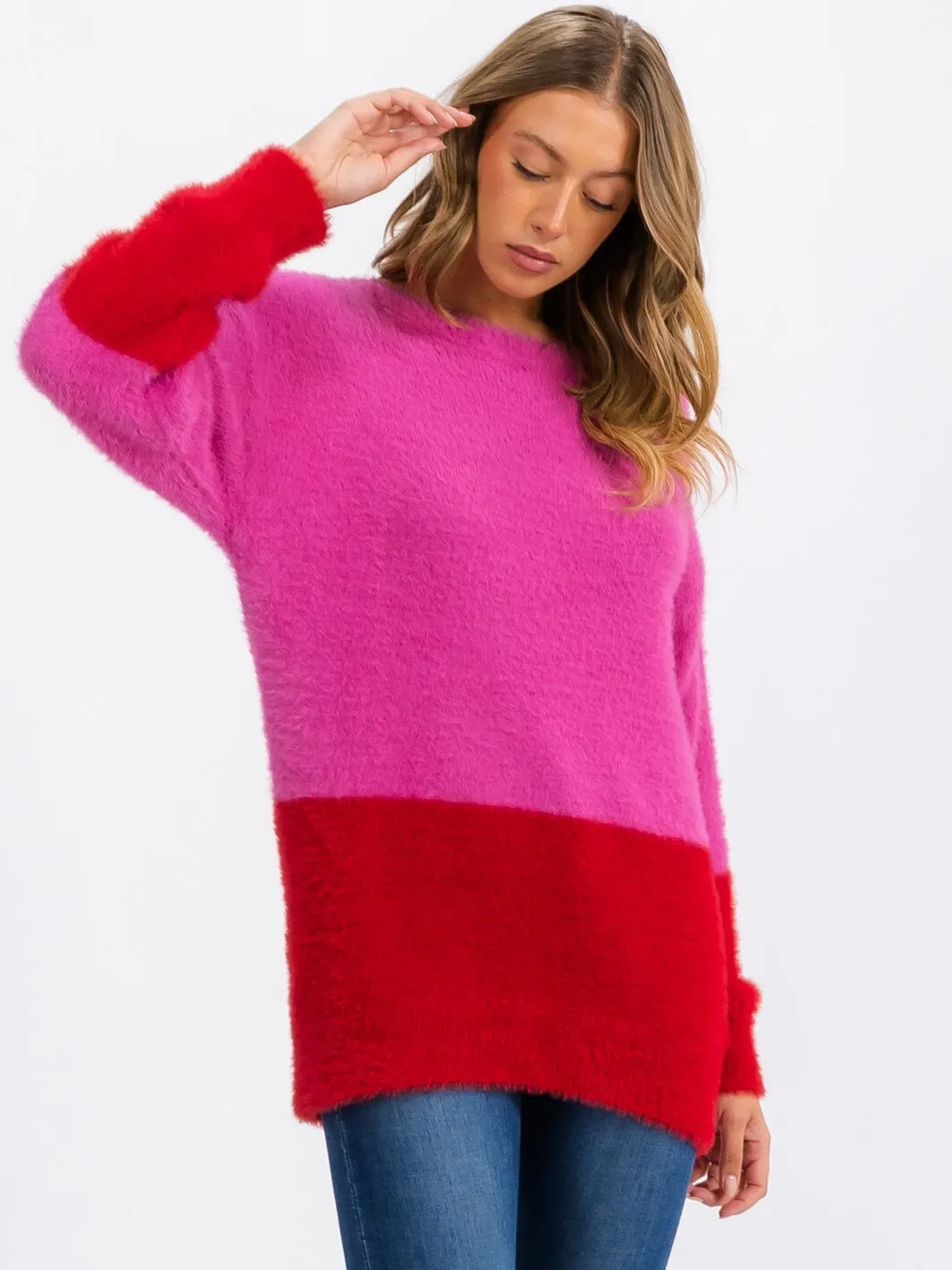 WOMEN'S LONG SLEEVE FUZZY COLORBLOCK PULLOVER SWEATER