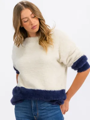 WOMEN'S LONG SLEEVE FUZZY COLORBLOCK PULLOVER SWEATER