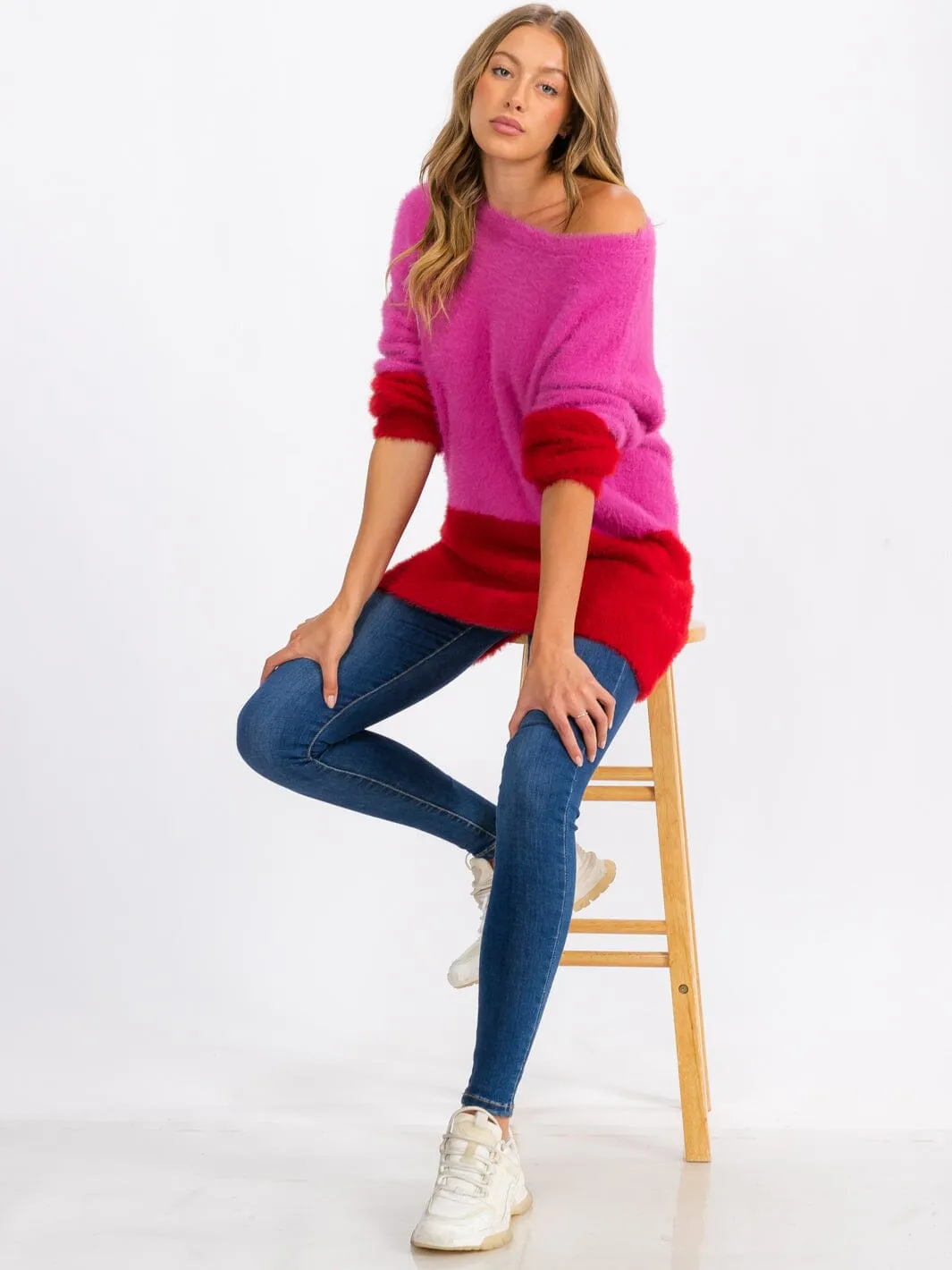 WOMEN'S LONG SLEEVE FUZZY COLORBLOCK PULLOVER SWEATER
