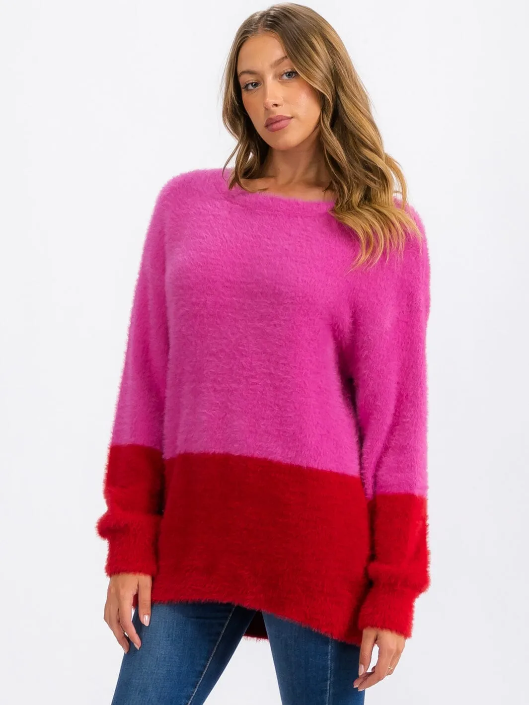 WOMEN'S LONG SLEEVE FUZZY COLORBLOCK PULLOVER SWEATER
