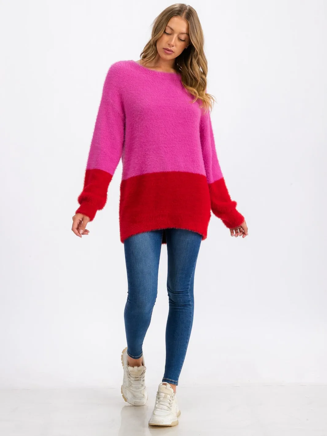 WOMEN'S LONG SLEEVE FUZZY COLORBLOCK PULLOVER SWEATER