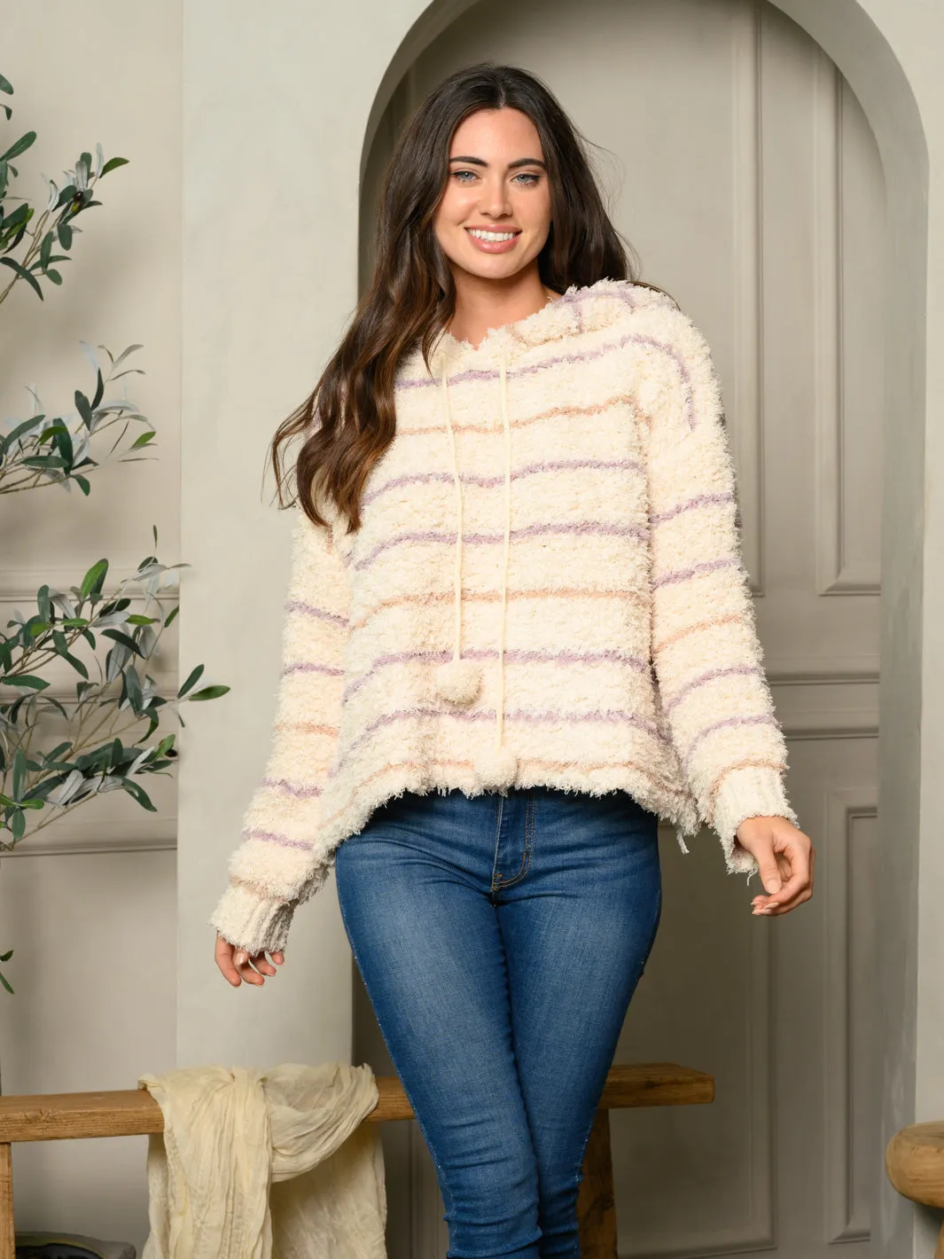 WOMEN'S LONG SLEEVE FUZZY KNIT HOODED STRIPES SWEATER