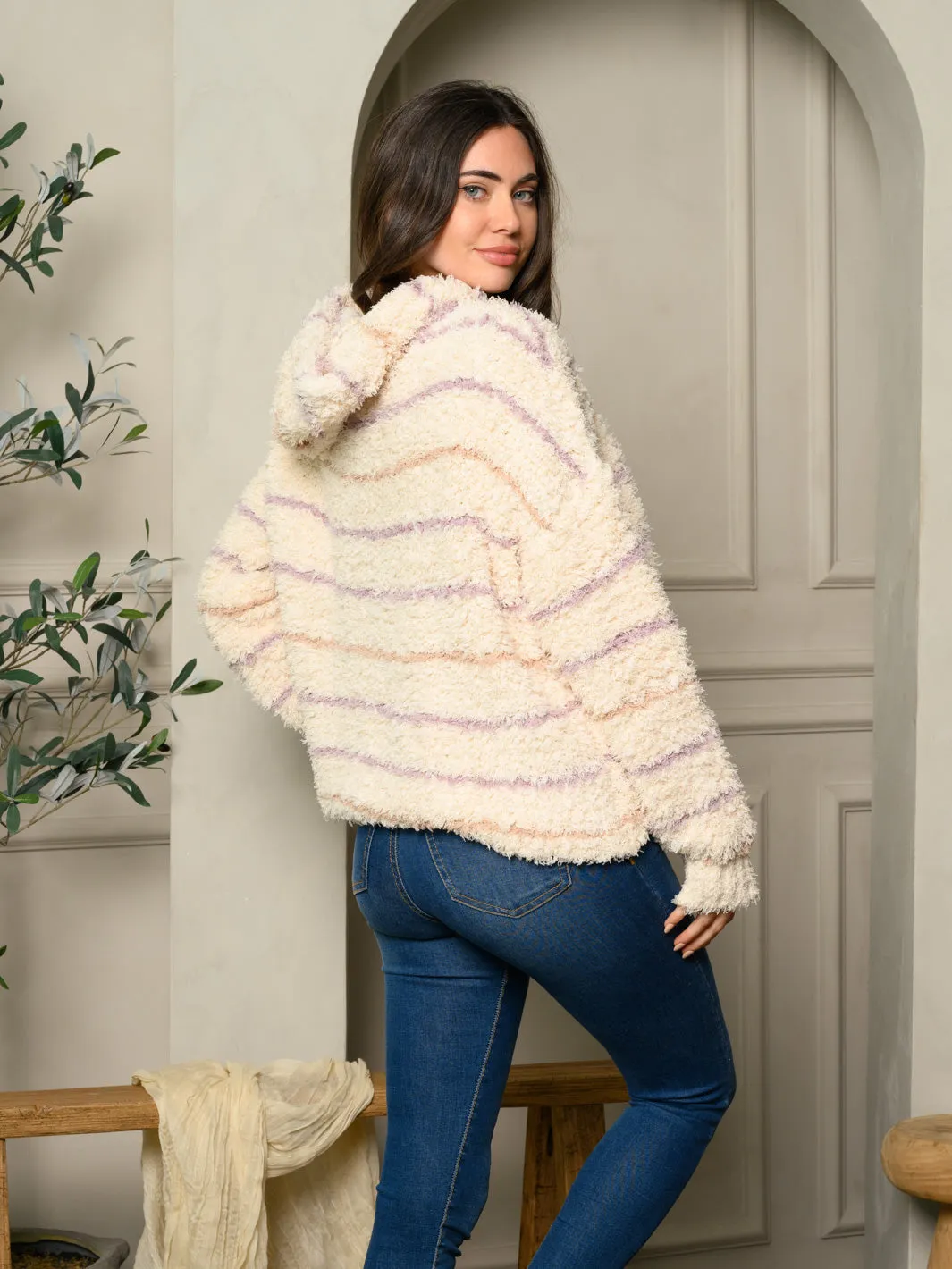 WOMEN'S LONG SLEEVE FUZZY KNIT HOODED STRIPES SWEATER