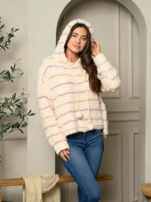 WOMEN'S LONG SLEEVE FUZZY KNIT HOODED STRIPES SWEATER