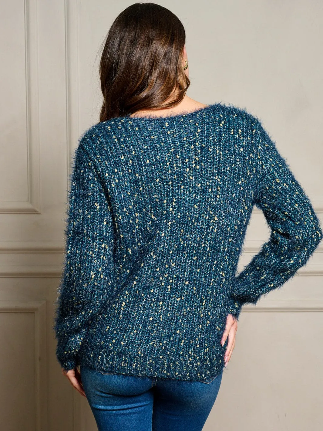 WOMEN'S LONG SLEEVE FUZZY SHIMMER PULLOVER SWEATER