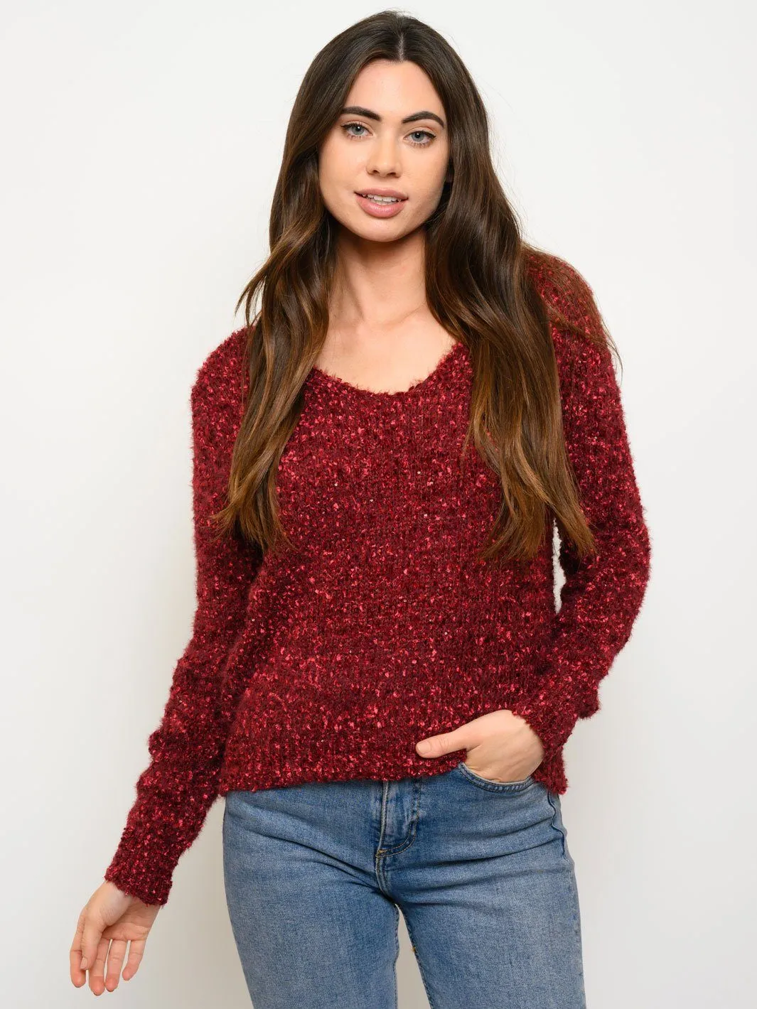 WOMEN'S LONG SLEEVE FUZZY SWEATER