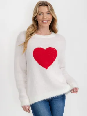 WOMEN'S LONG SLEEVE HEART PRINT FUZZY PULLOVER SWEATER
