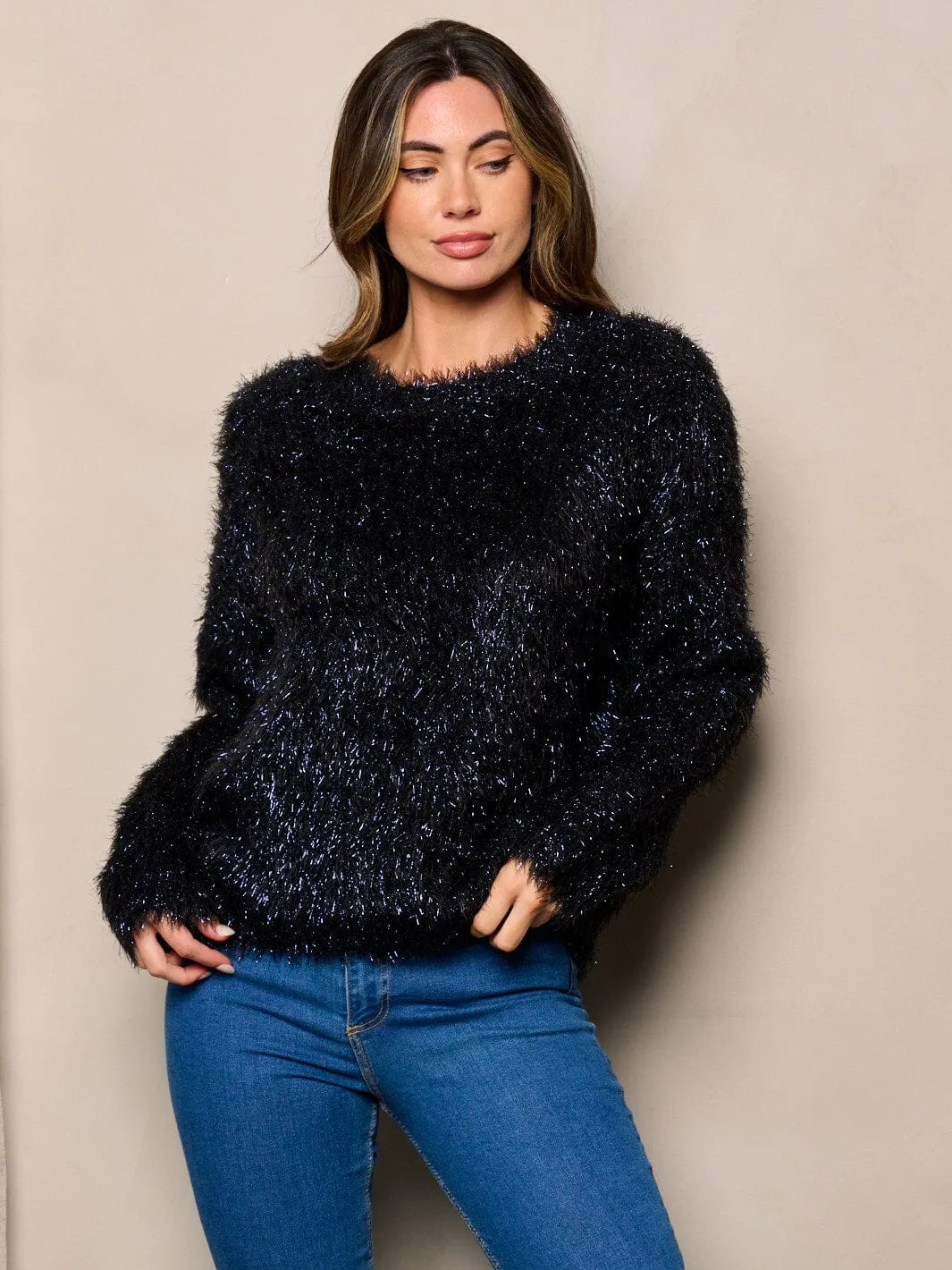 WOMEN'S LONG SLEEVE SHIMMER FUZZY SWEATER