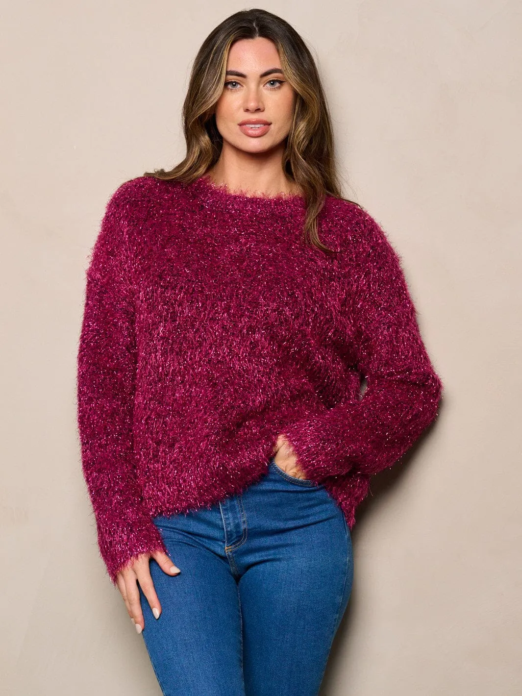 WOMEN'S LONG SLEEVE SHIMMER FUZZY SWEATER