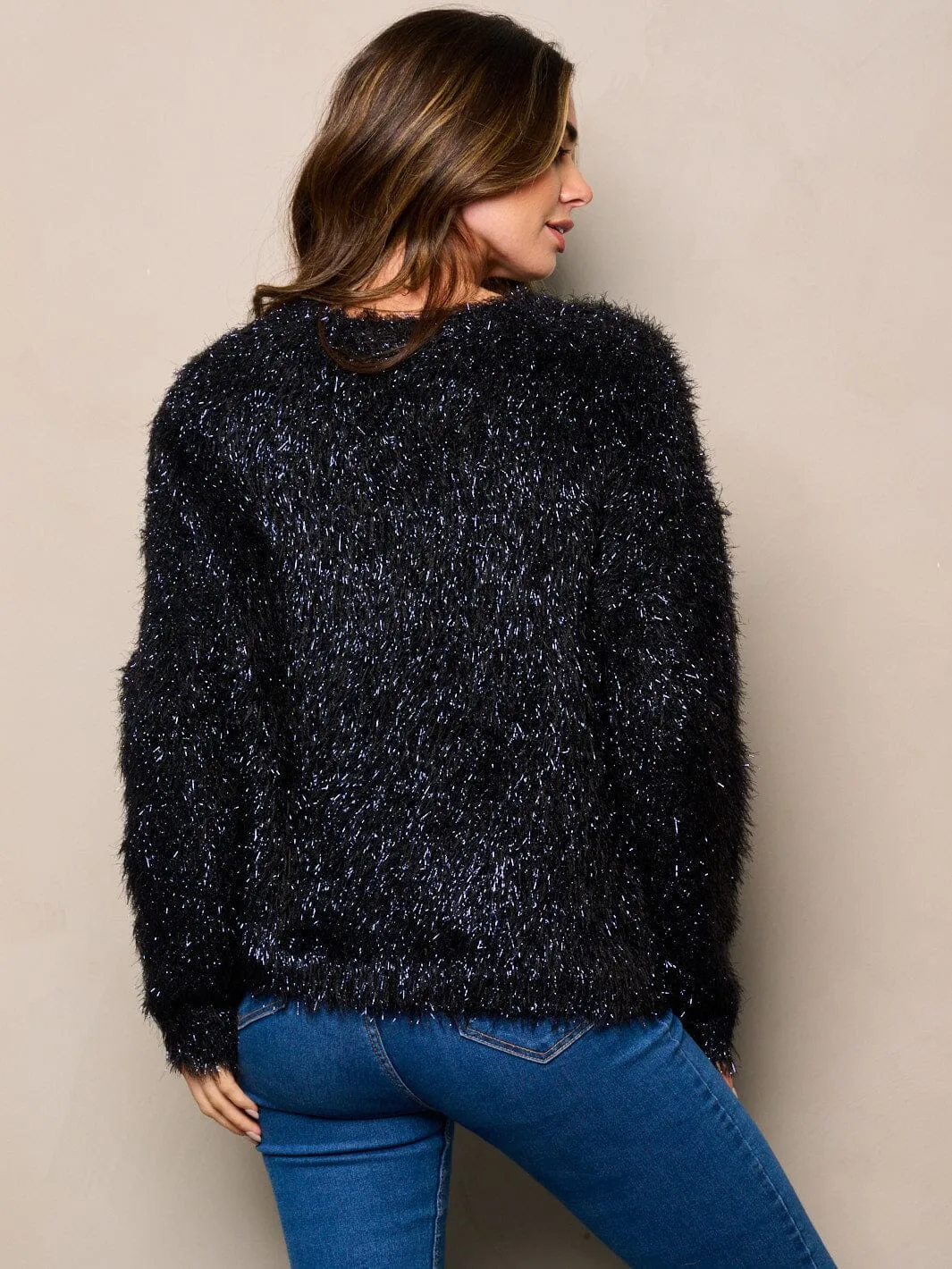 WOMEN'S LONG SLEEVE SHIMMER FUZZY SWEATER