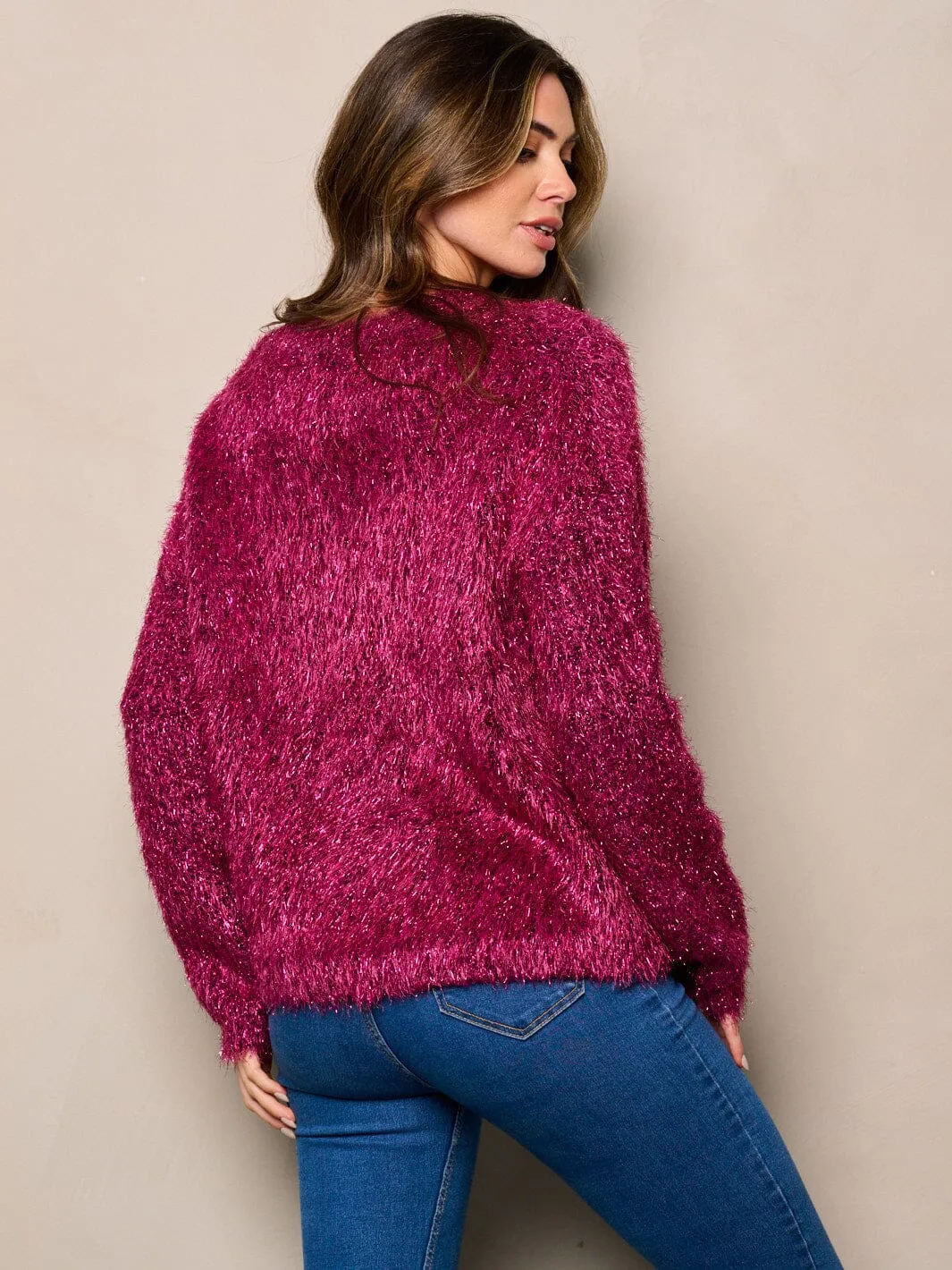 WOMEN'S LONG SLEEVE SHIMMER FUZZY SWEATER