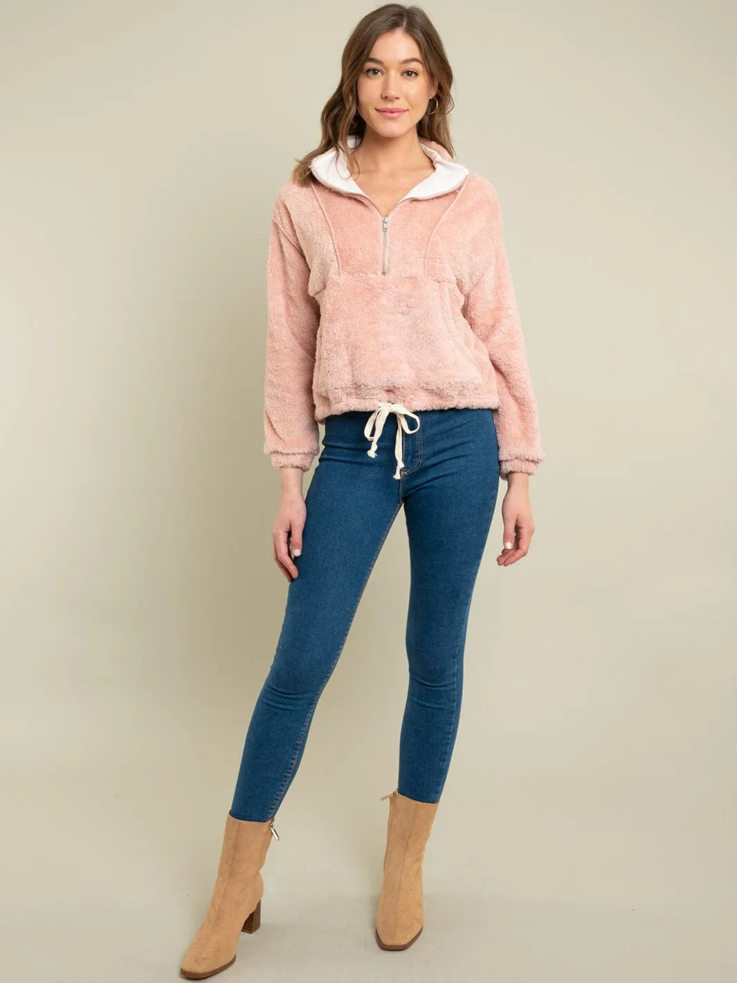 WOMEN'S LONG SLEEVE ZIP UP FRONT POCKET PULLOVER TEDDY SWEATER