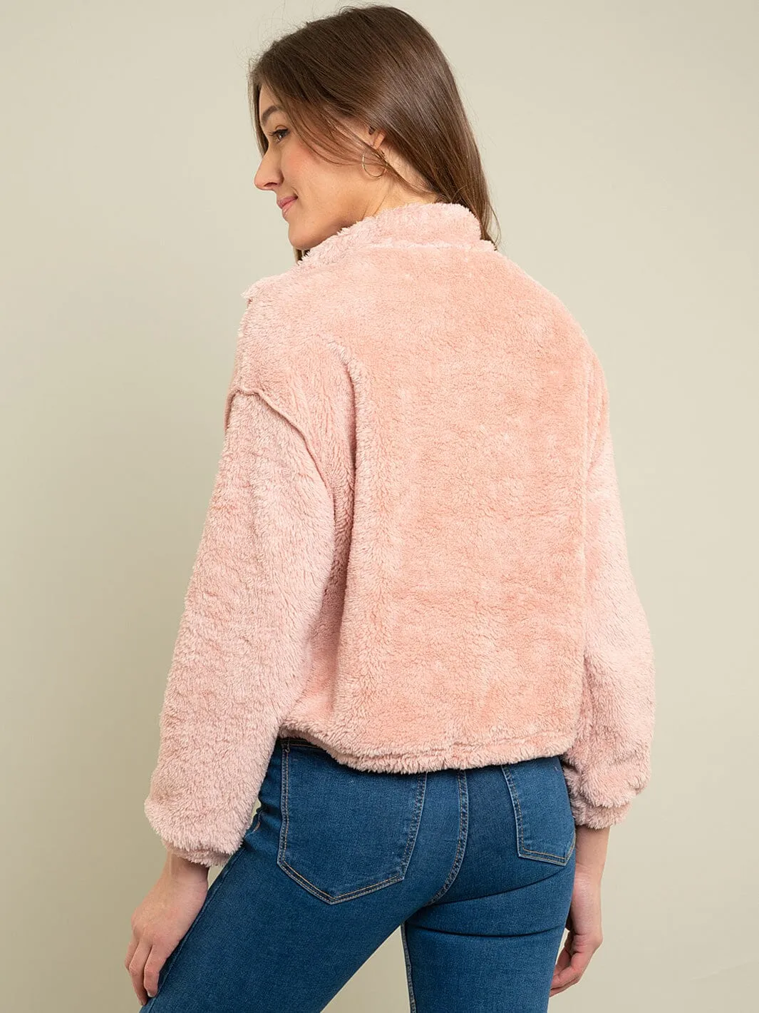 WOMEN'S LONG SLEEVE ZIP UP FRONT POCKET PULLOVER TEDDY SWEATER