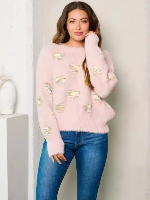 WOMEN'S LONG SLEEVES FUZZY HEART PRINT SWEATER