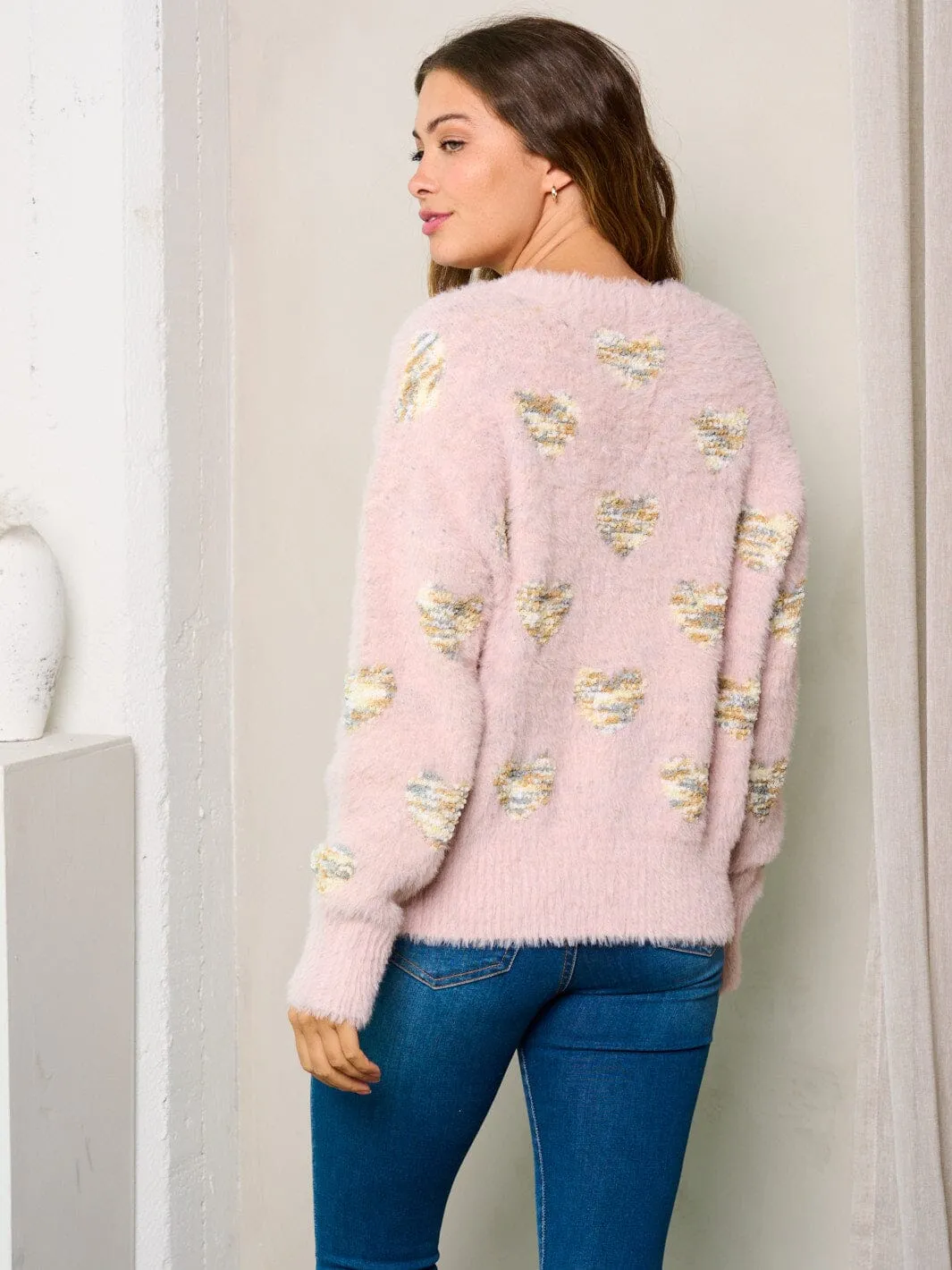 WOMEN'S LONG SLEEVES FUZZY HEART PRINT SWEATER