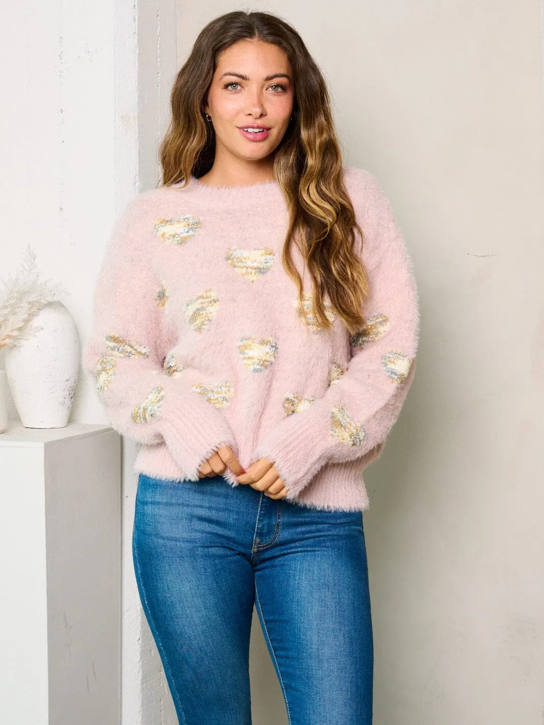 WOMEN'S LONG SLEEVES FUZZY HEART PRINT SWEATER