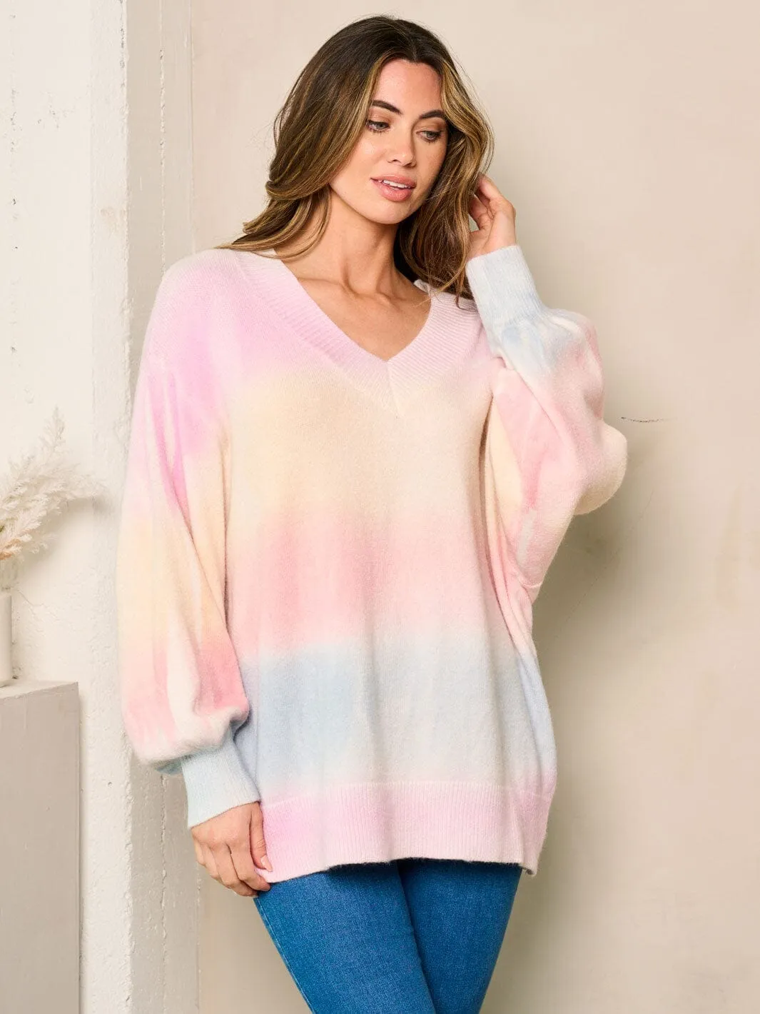 WOMEN'S LONG SLEEVES V-NECK MULTI COLOR STRIPES SWEATER