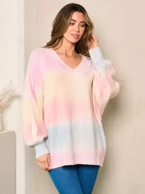 WOMEN'S LONG SLEEVES V-NECK MULTI COLOR STRIPES SWEATER