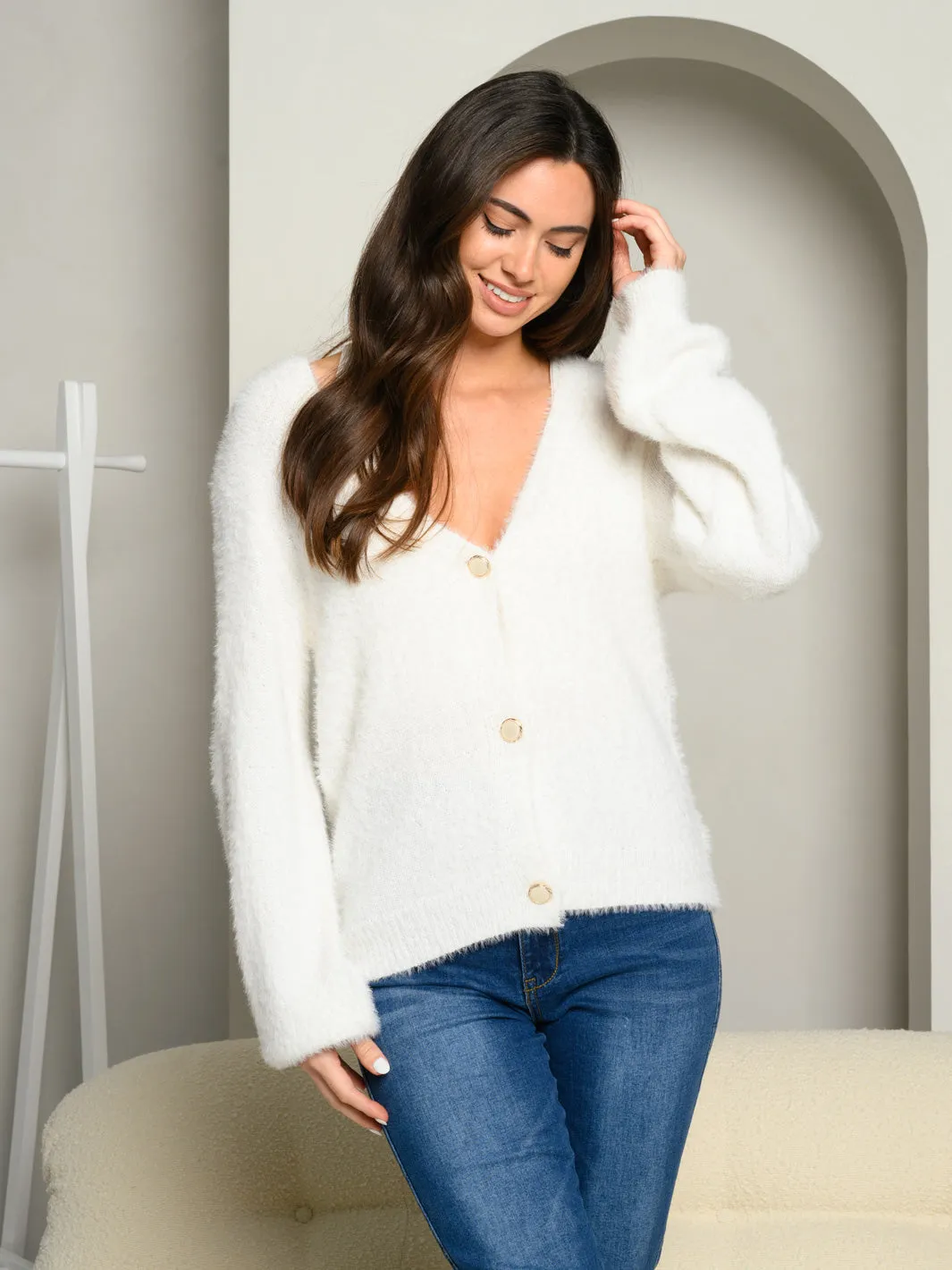 WOMEN'S SOFT FUZZY KNIT BUTTON DOWN SWEATER