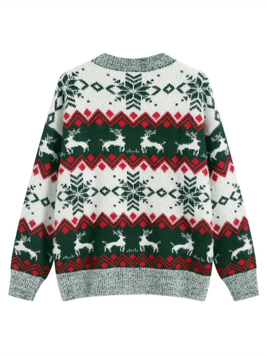 ZAFUL Christmas Sweaters for Women Snowflake Reindeer Long Sleeve Crewneck Oversized Sweater Fuzzy Knitted Pullover Tops